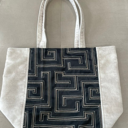 Cream Velvet Tote with Black/Brass Embroidery