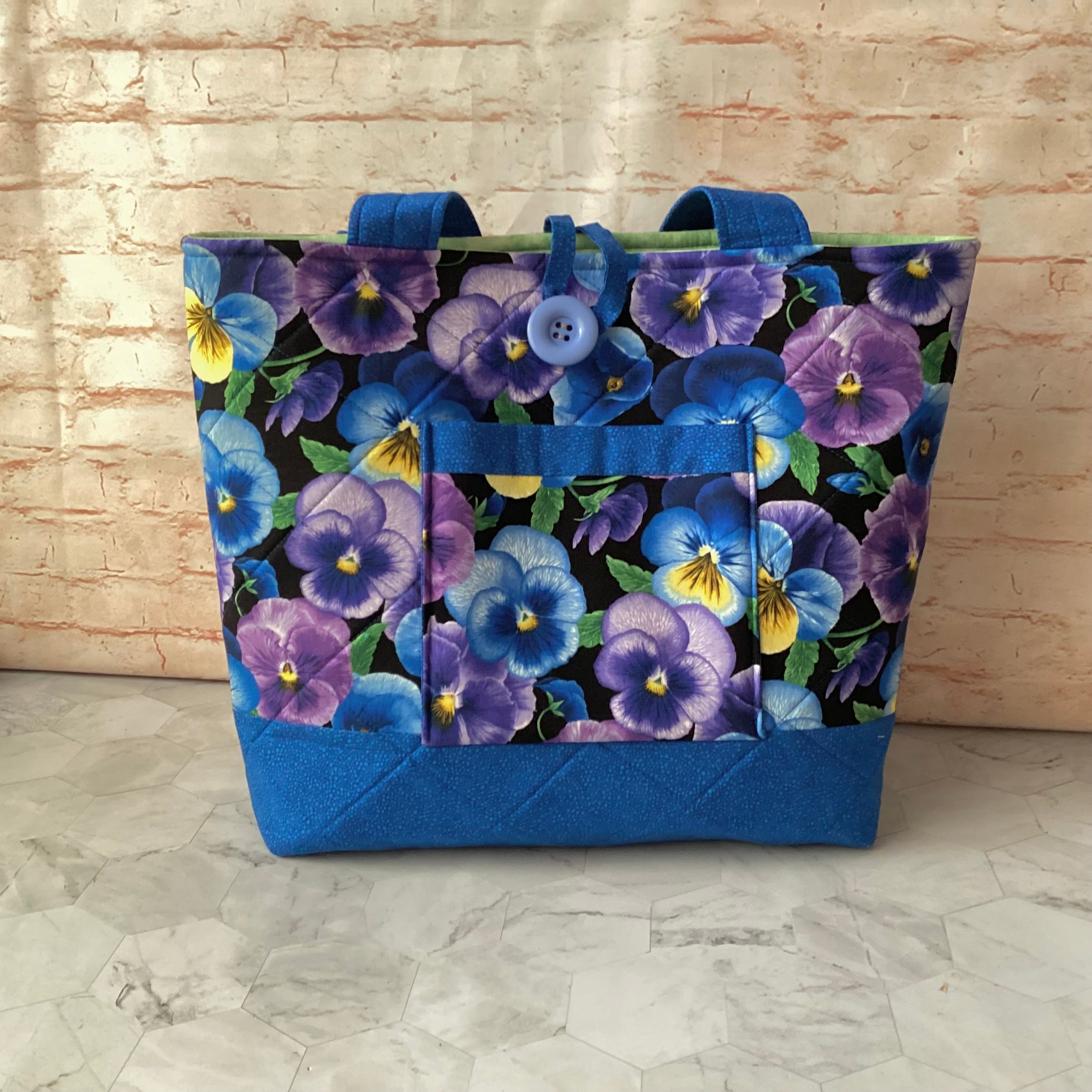 Blue Purple Pansies Floral Tote Bag: Handmade, quilted cotton shoulder bag with pockets