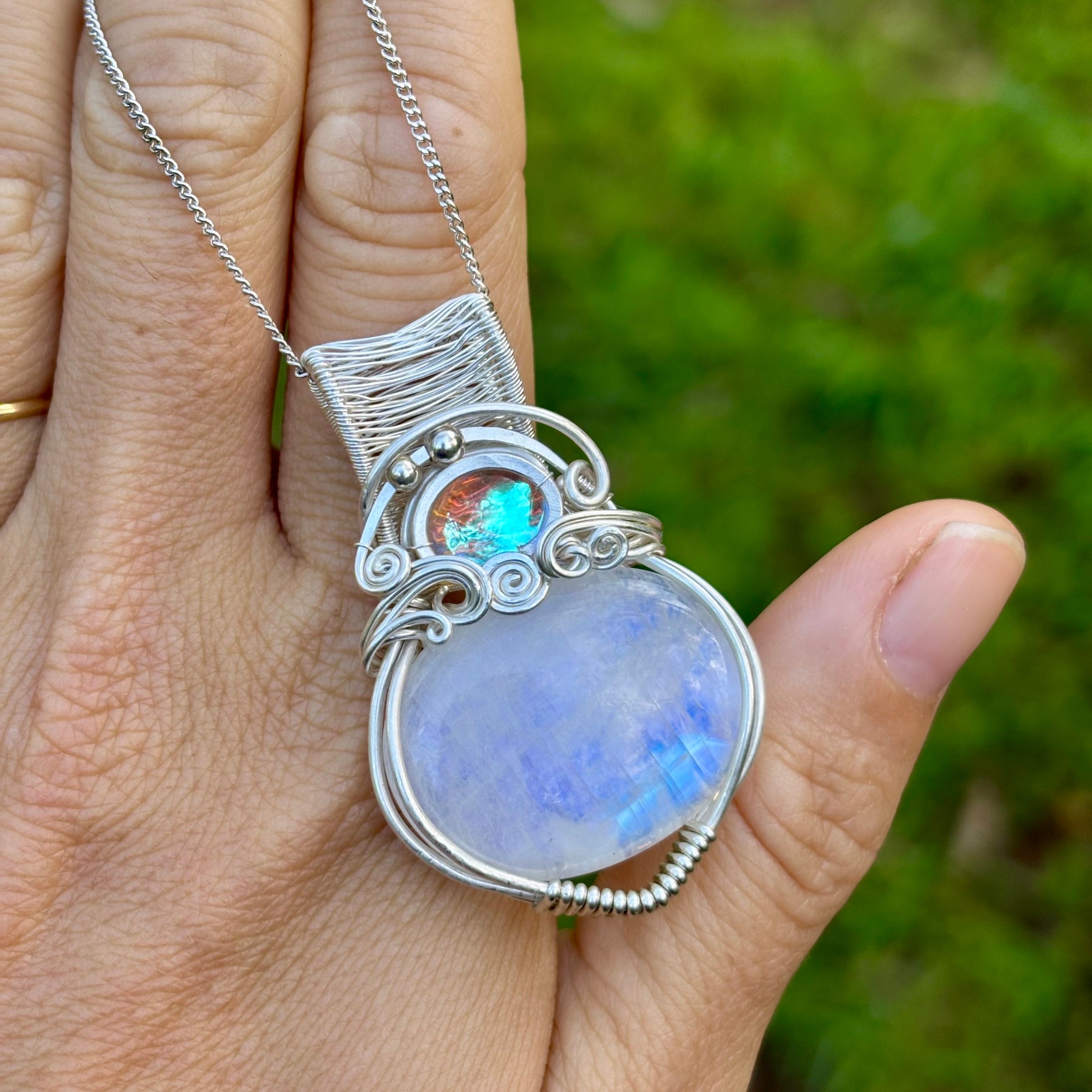 Moonstone Aura Quartz silver crystal pendant