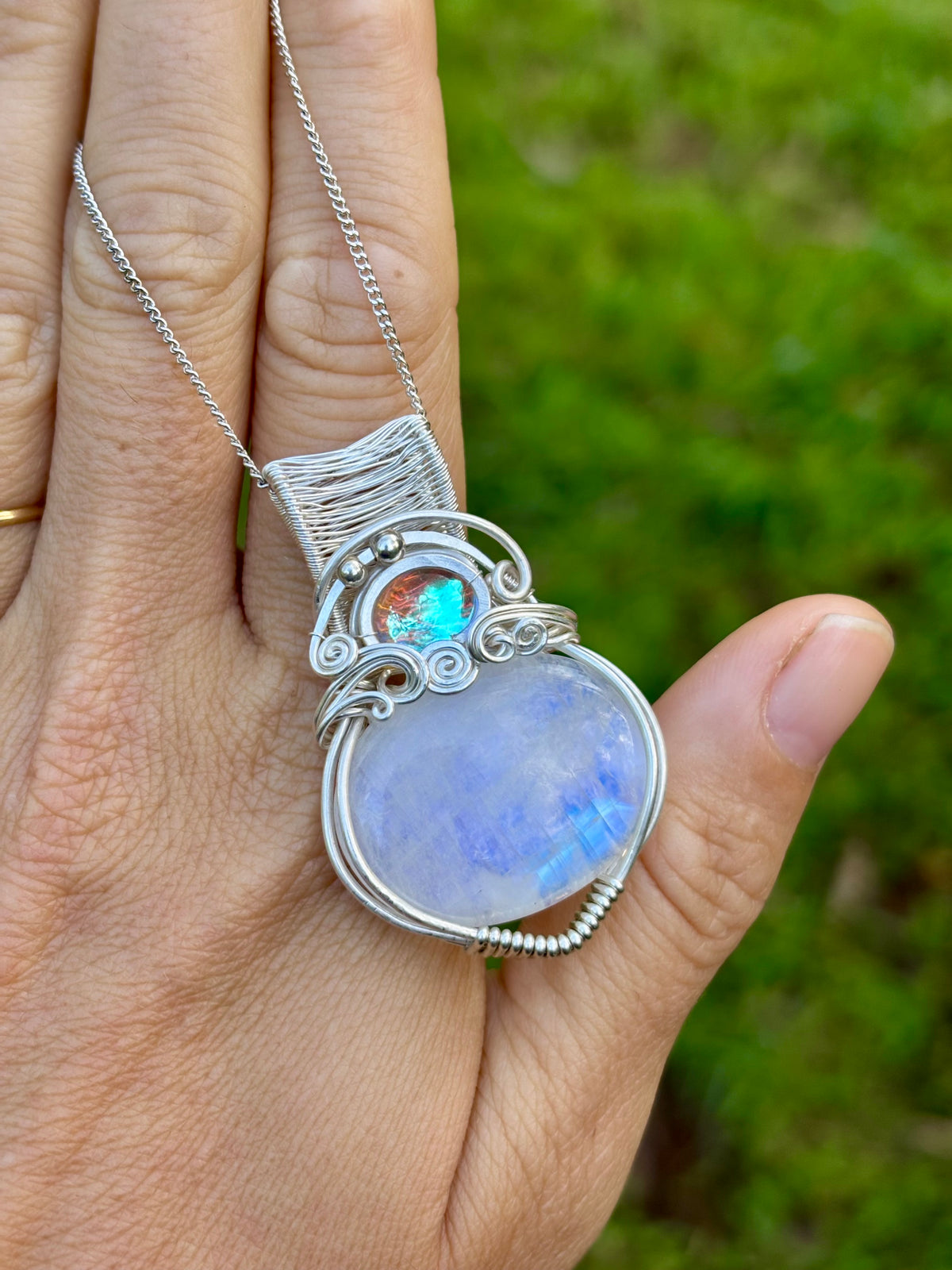 Moonstone Aura Quartz silver crystal pendant