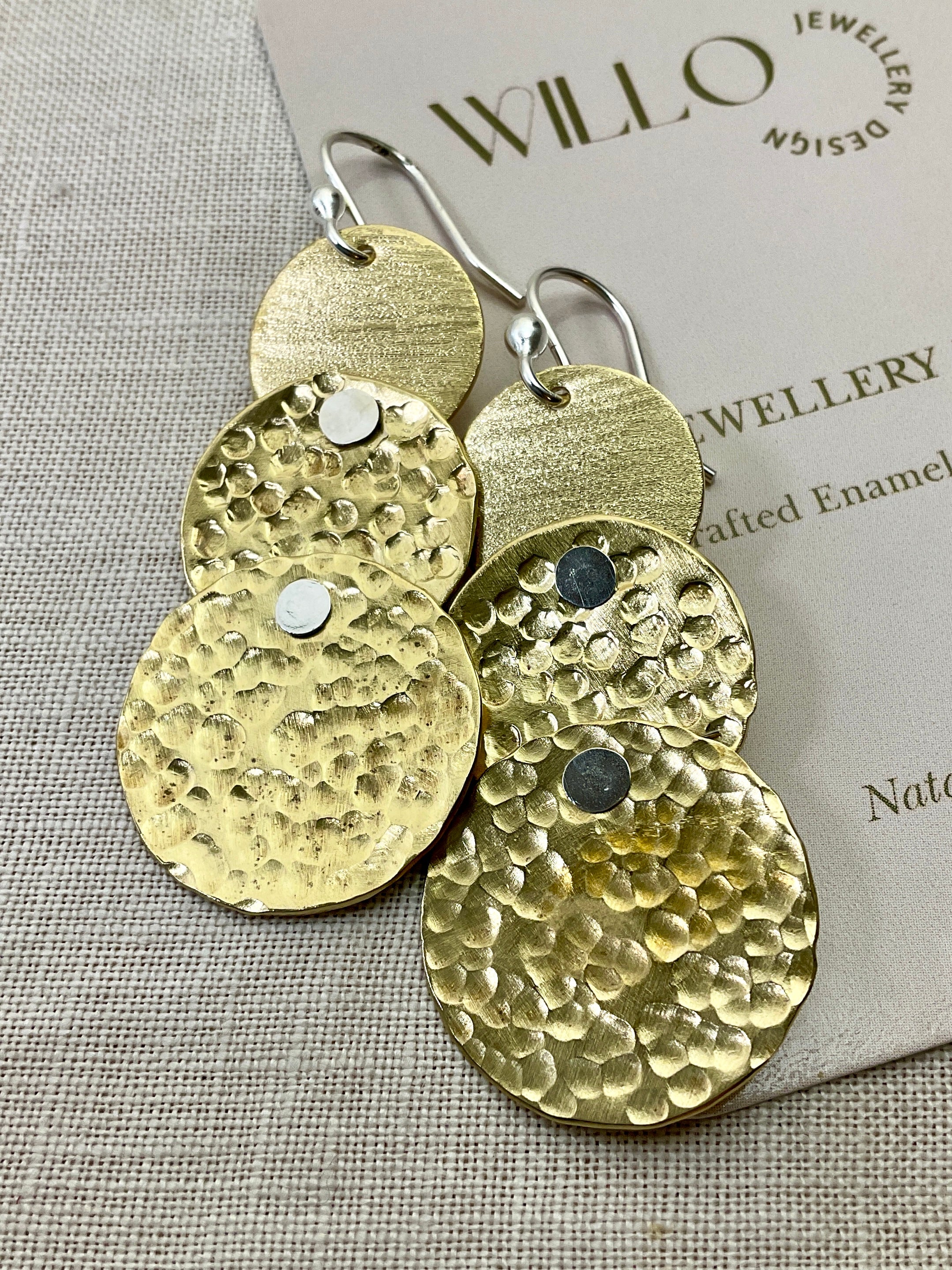Trio Brass disc earrings. Handmade