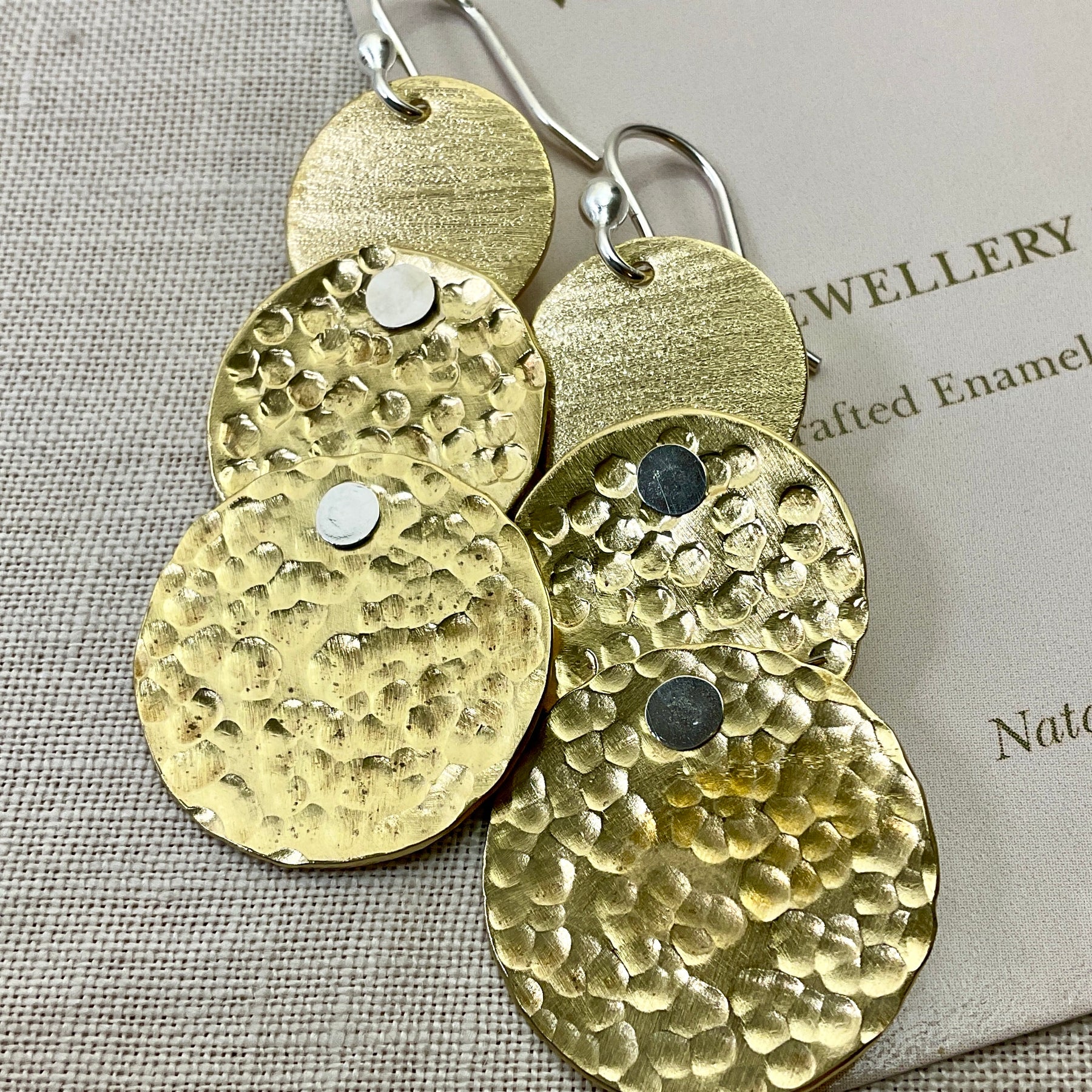 Trio Brass disc earrings. Handmade