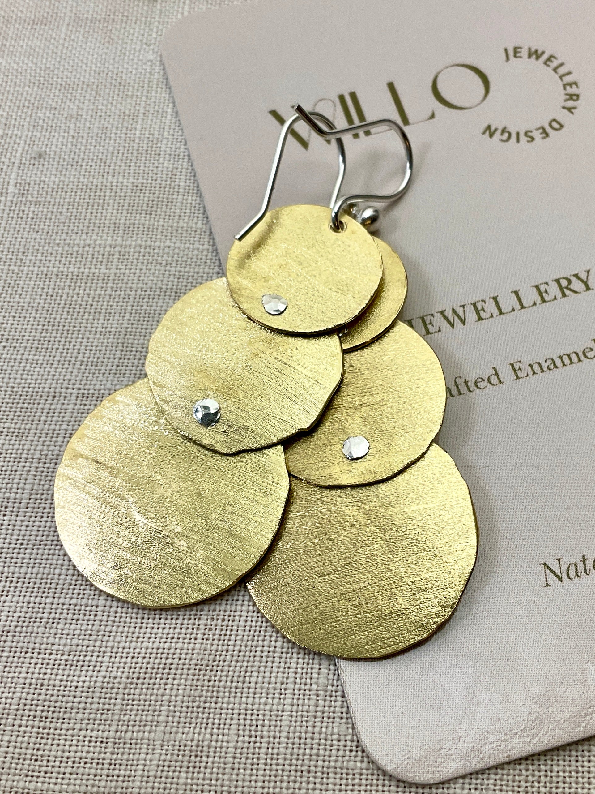 Trio Brass disc earrings. Handmade