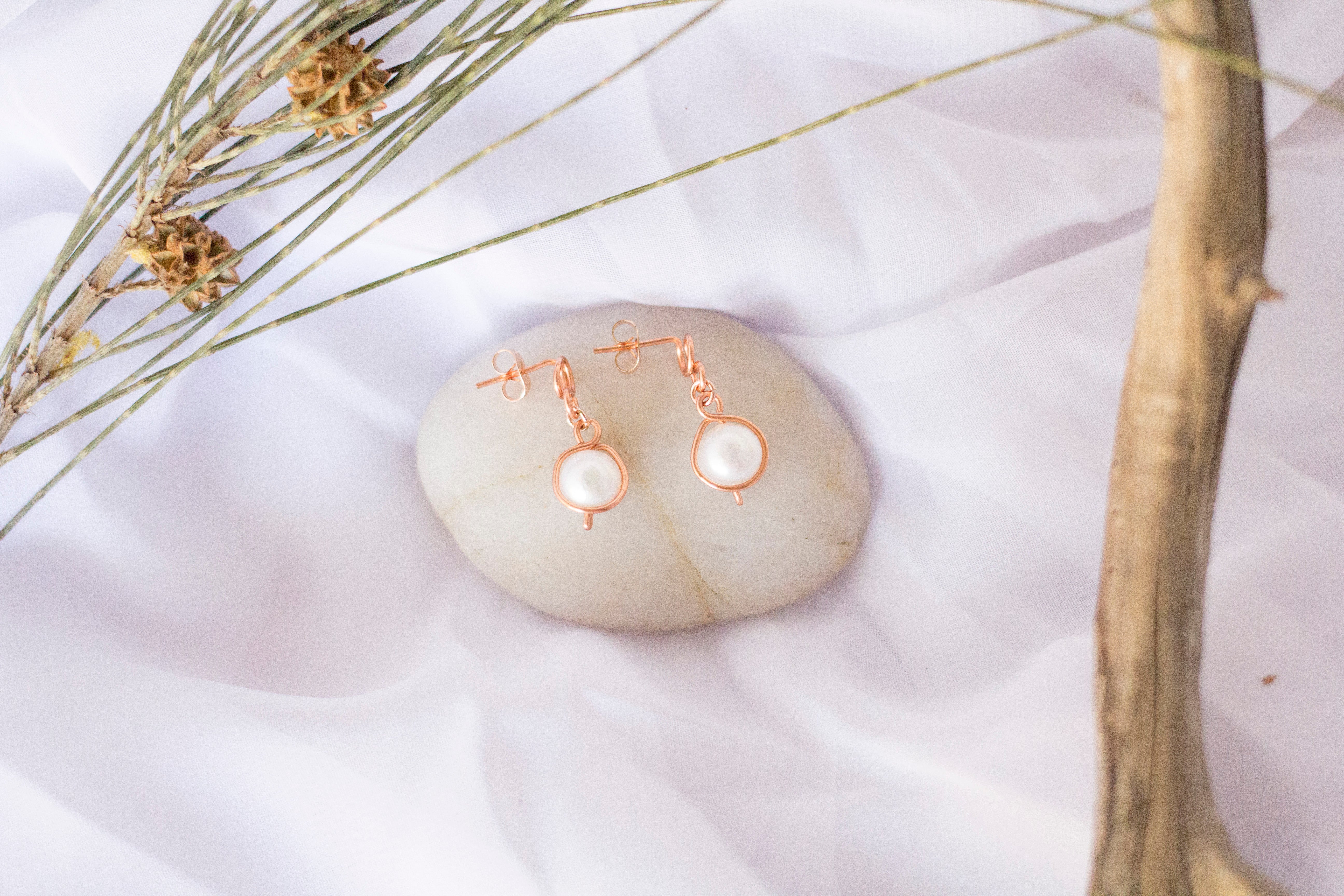 Baroque Pearl Bright Copper Loop Stud Earrings | Rose Gold Coloured