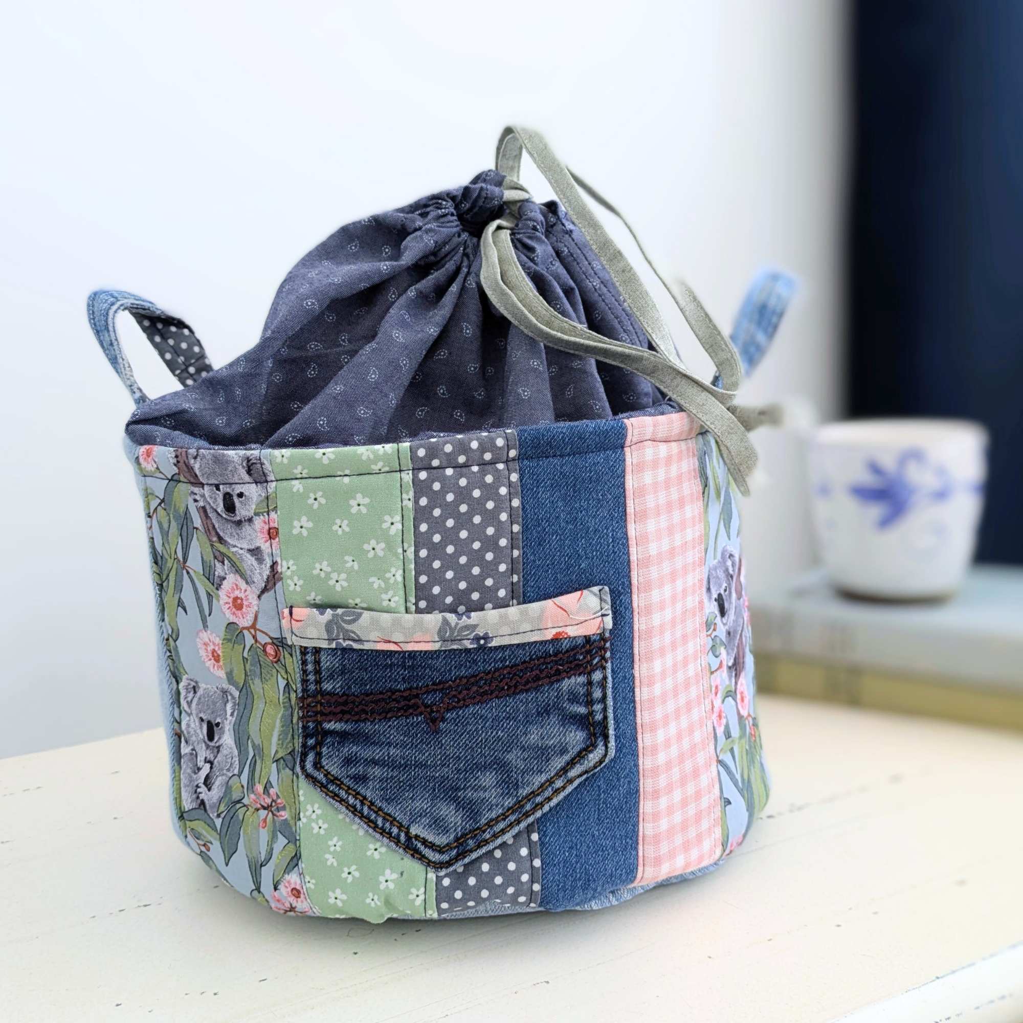 Upcycled Denim Bag Drawstring, Project Basket, Koalas