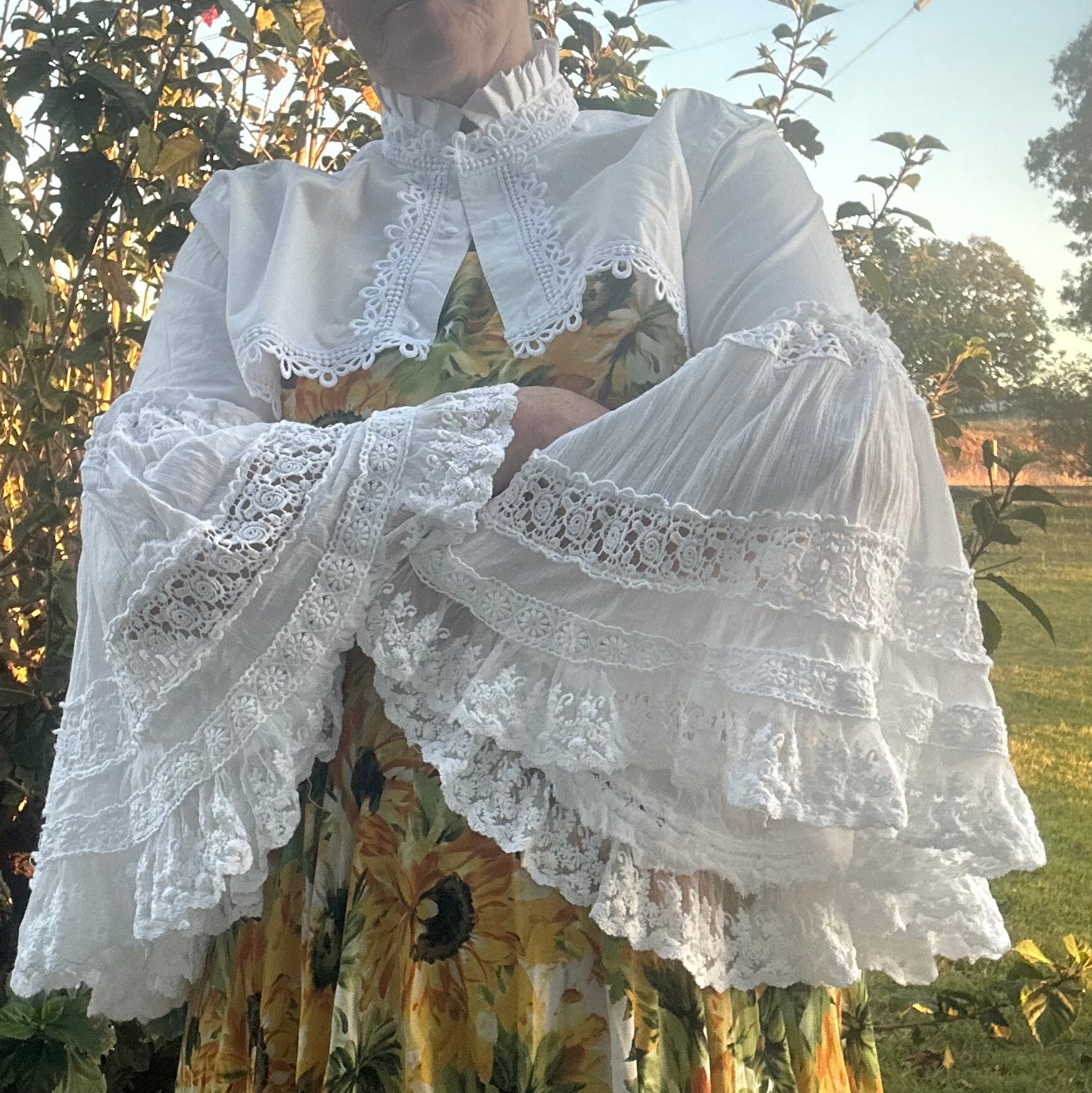 Upcycled White Cotton Bolero Layered Lace Sleeves
