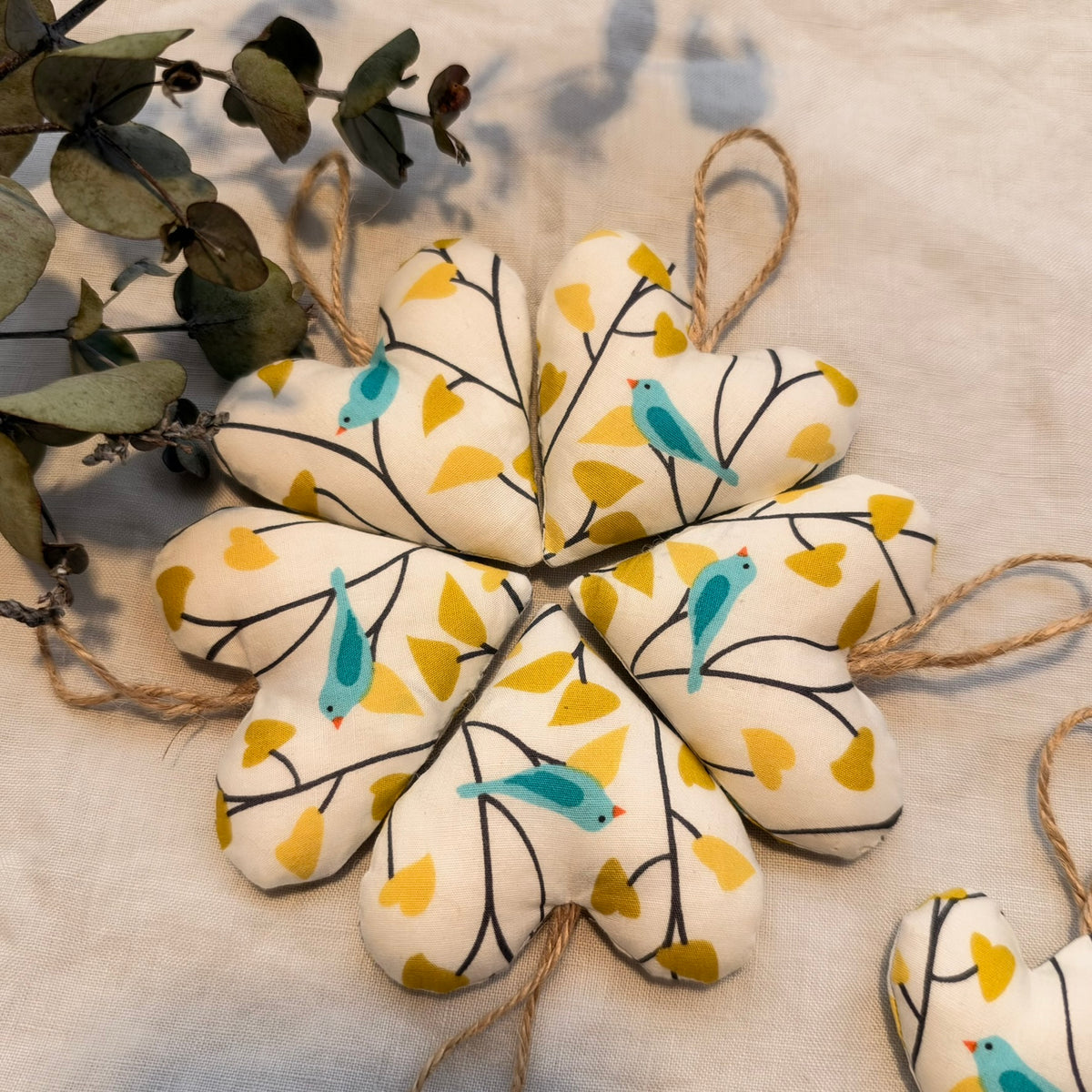 Little blue bird hearts - handmade with wool filling