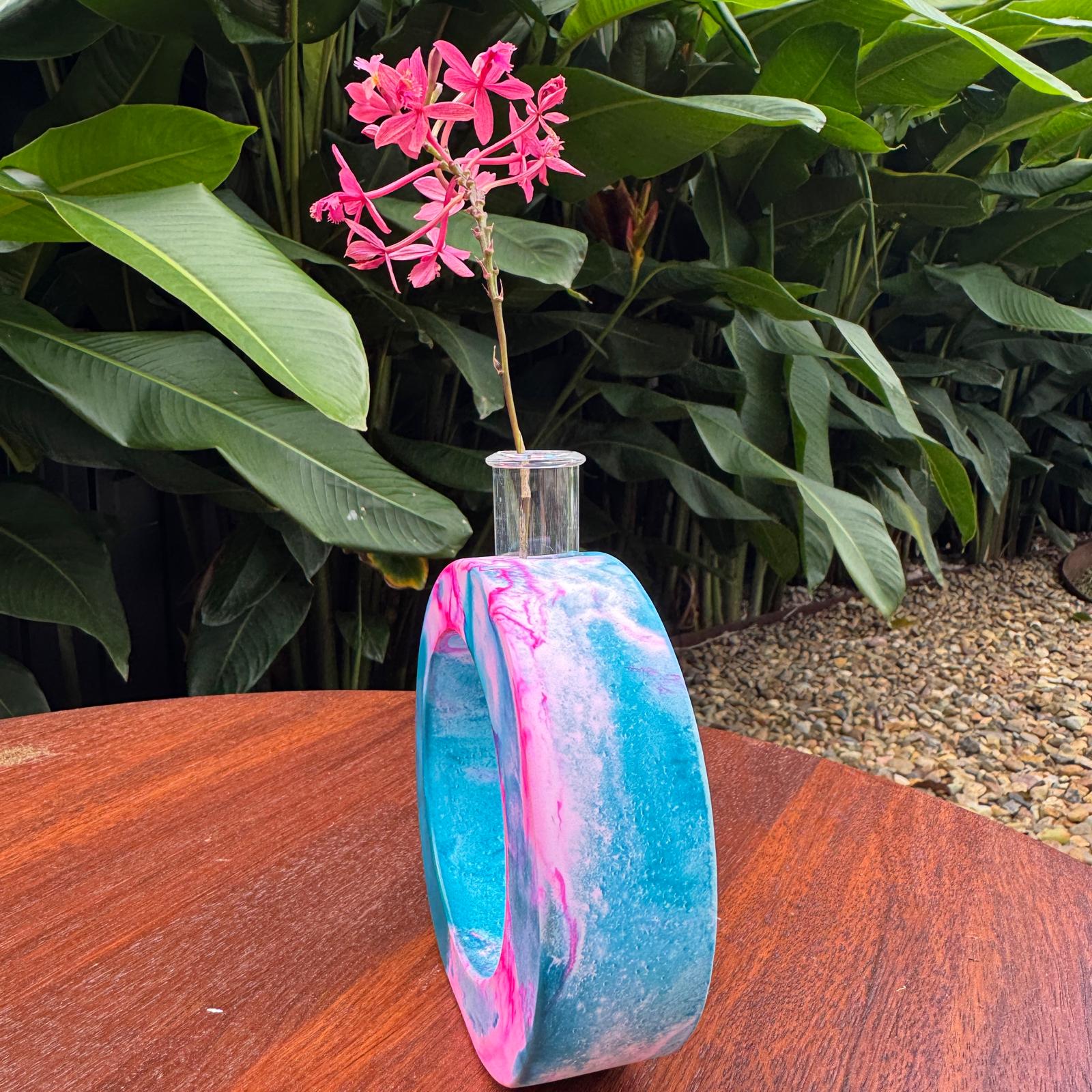 Turquoise and pink concrete test tube single stem vase