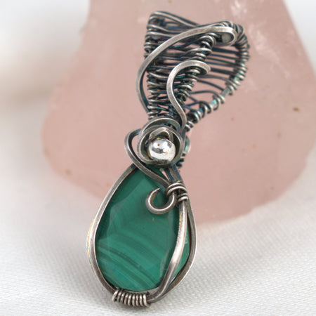 Malachite Keepsake Pendant in Hand-wrapped in Antiqued Silver