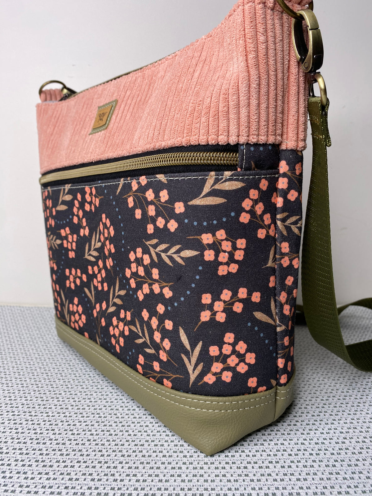 Lola Crossbody Bag - Pink Forget-Me-Not & Pink Corduroy Fabric with Olive Green Faux Leather Base