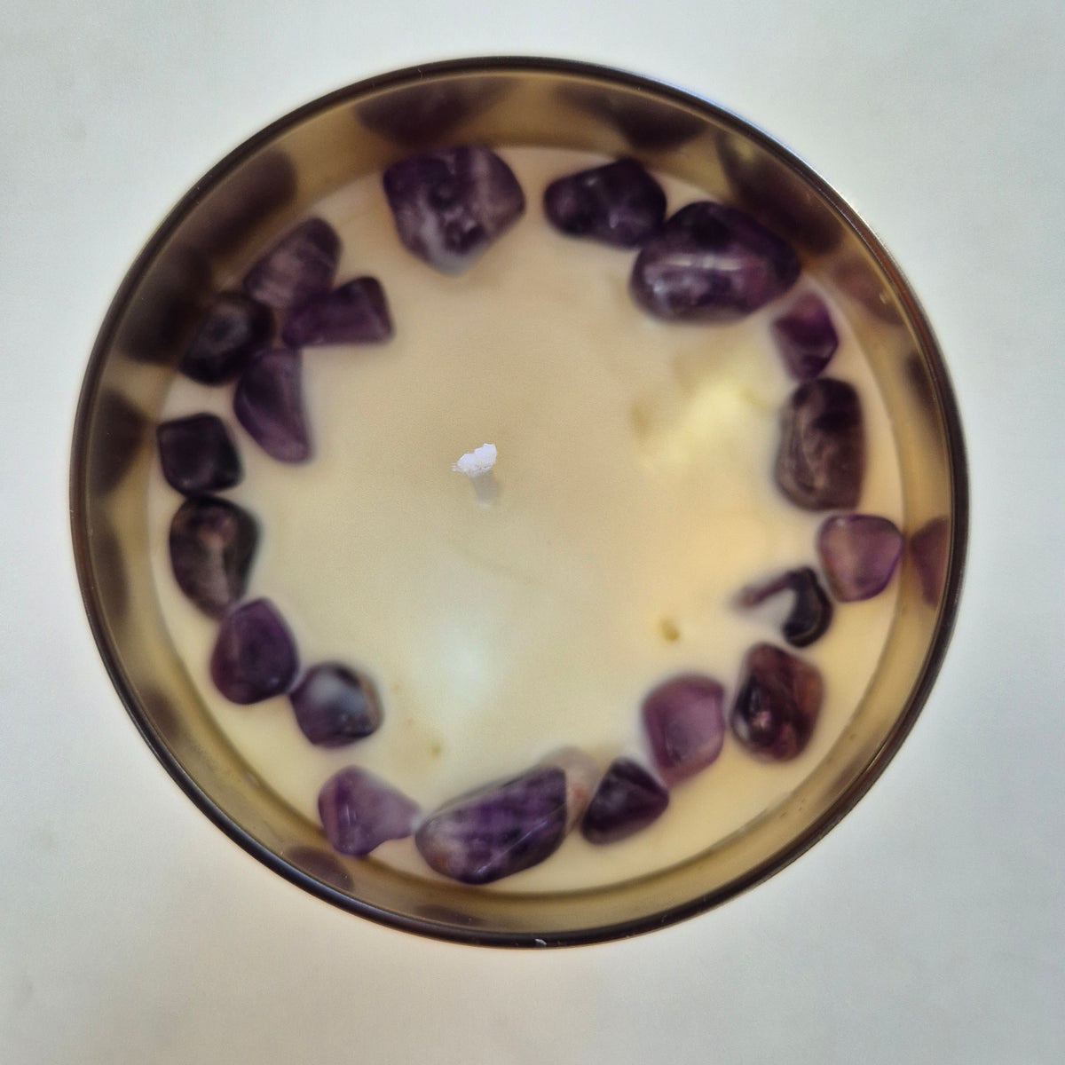 Gold christmas tree glass jar candle with amethyst and lavender