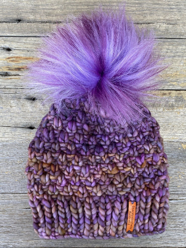 Five Ways Beanie Malabrigo Rasta Purple PomPom