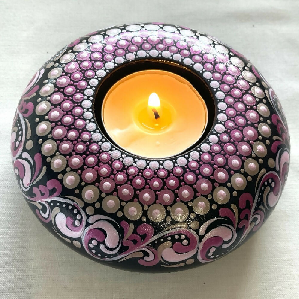 Hand-painted Tea-light Candle Holder Gift Boxed, Pink Silver, Table Decoration
