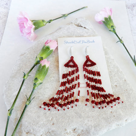 Red & Crystal Striped Fringe Earrings