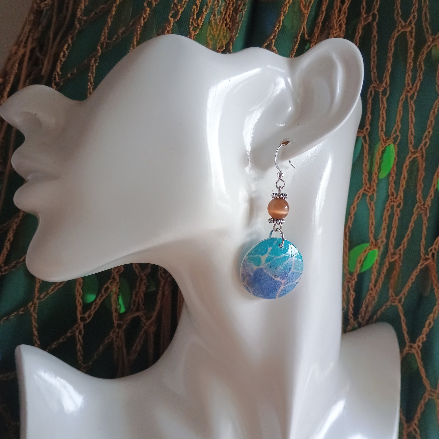 Domed blue marble print and bead polymer clay earring