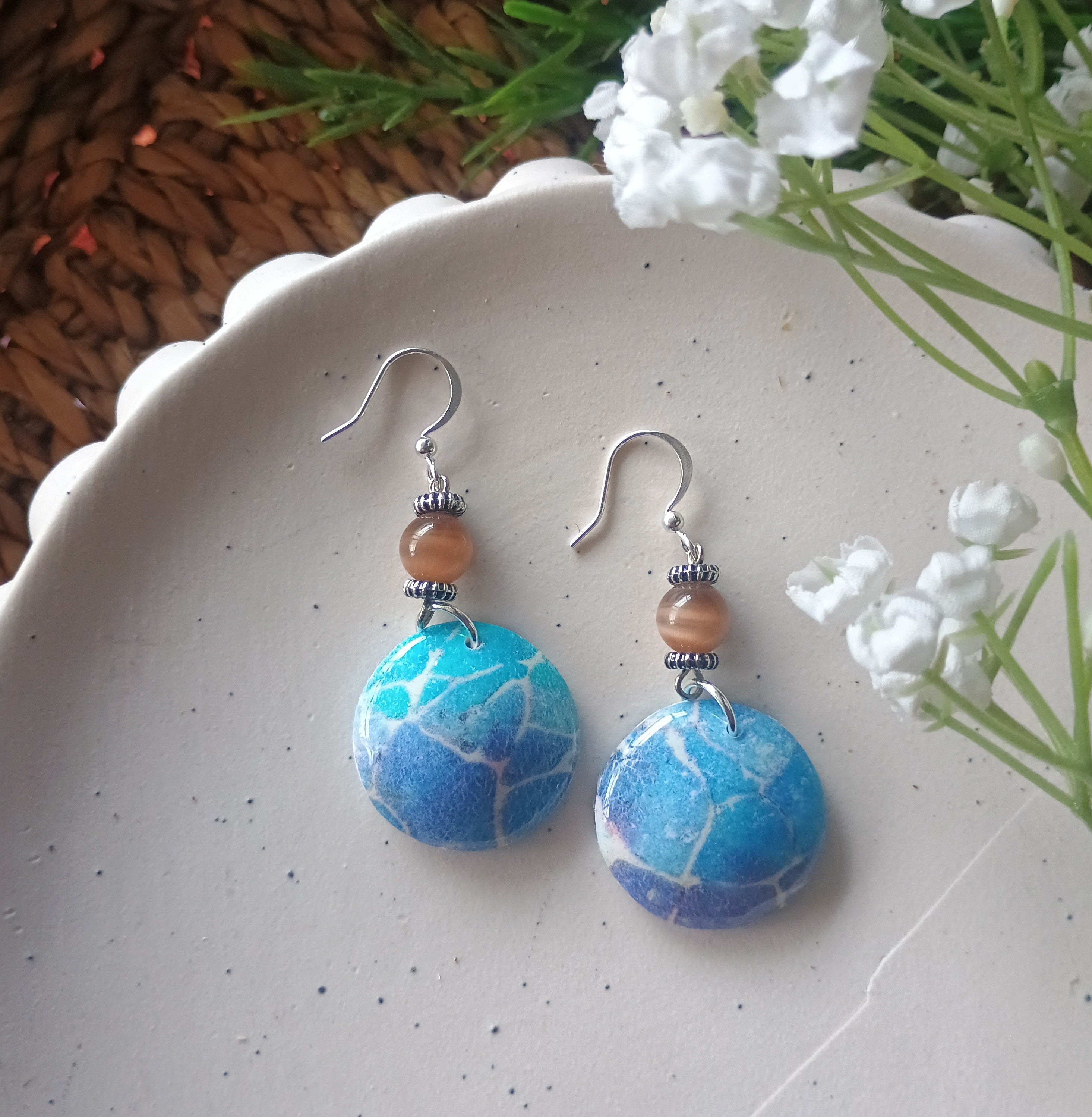 Domed blue marble print and bead polymer clay earring