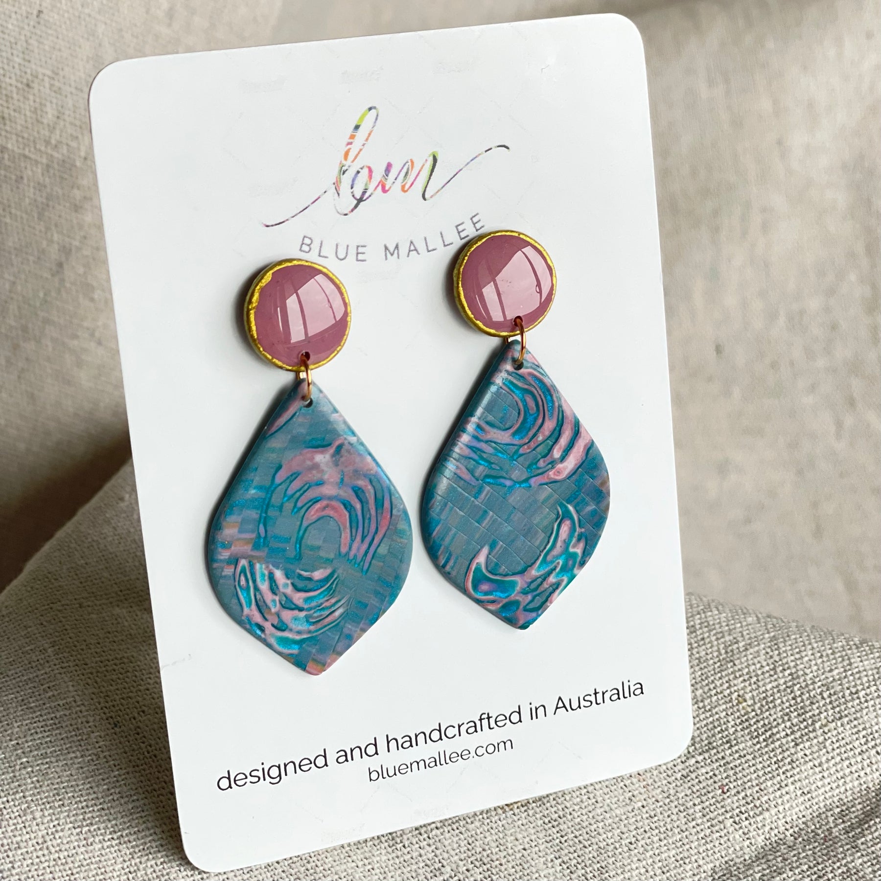Polymer Clay Teardrop Stud Drop Earrings – Teal & Pink