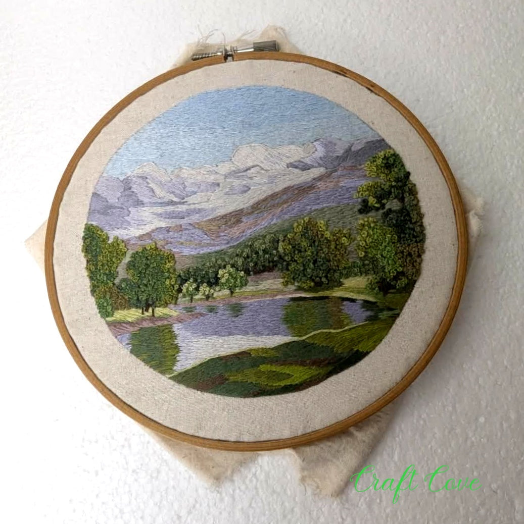 Hand Embroidered Mountain Landscape – Intricate Thread Painting