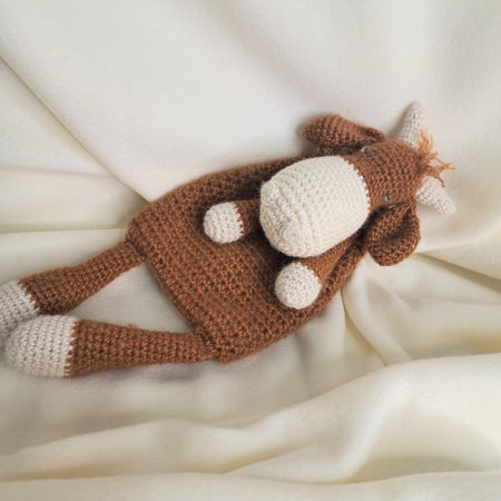 Handmade crochet Highland cow snuggler, Australian wool, alpaca, silk