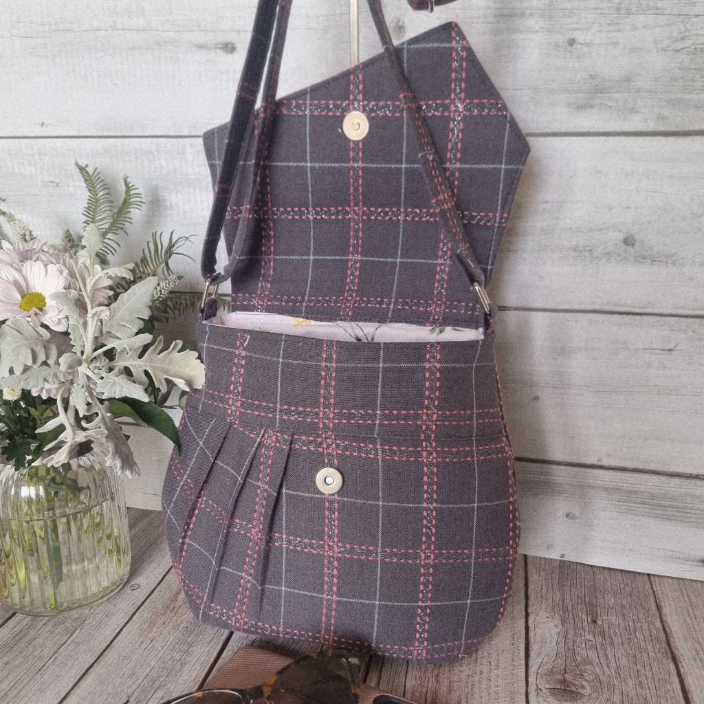 Upcycled assymetrical vintage style barrel bag - dusty grey brown & pink