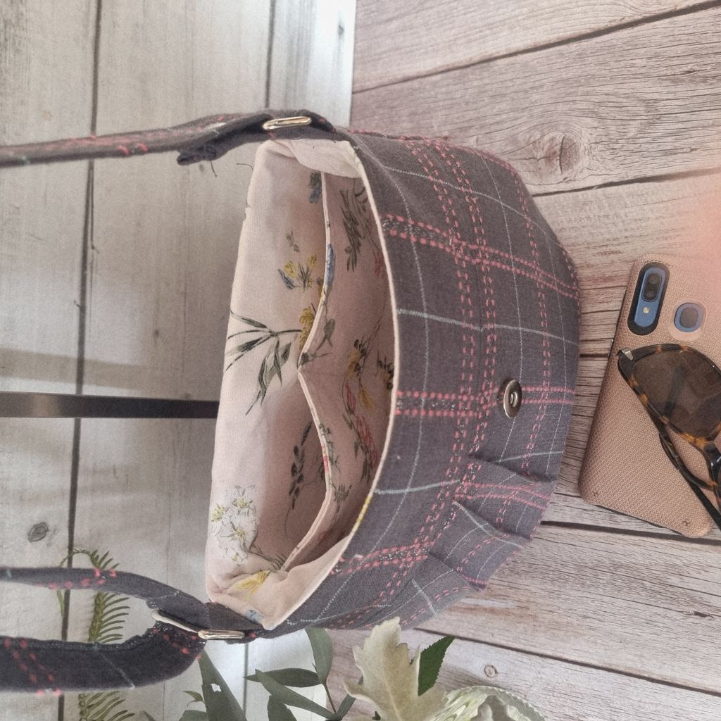 Upcycled assymetrical vintage style barrel bag - dusty grey brown & pink
