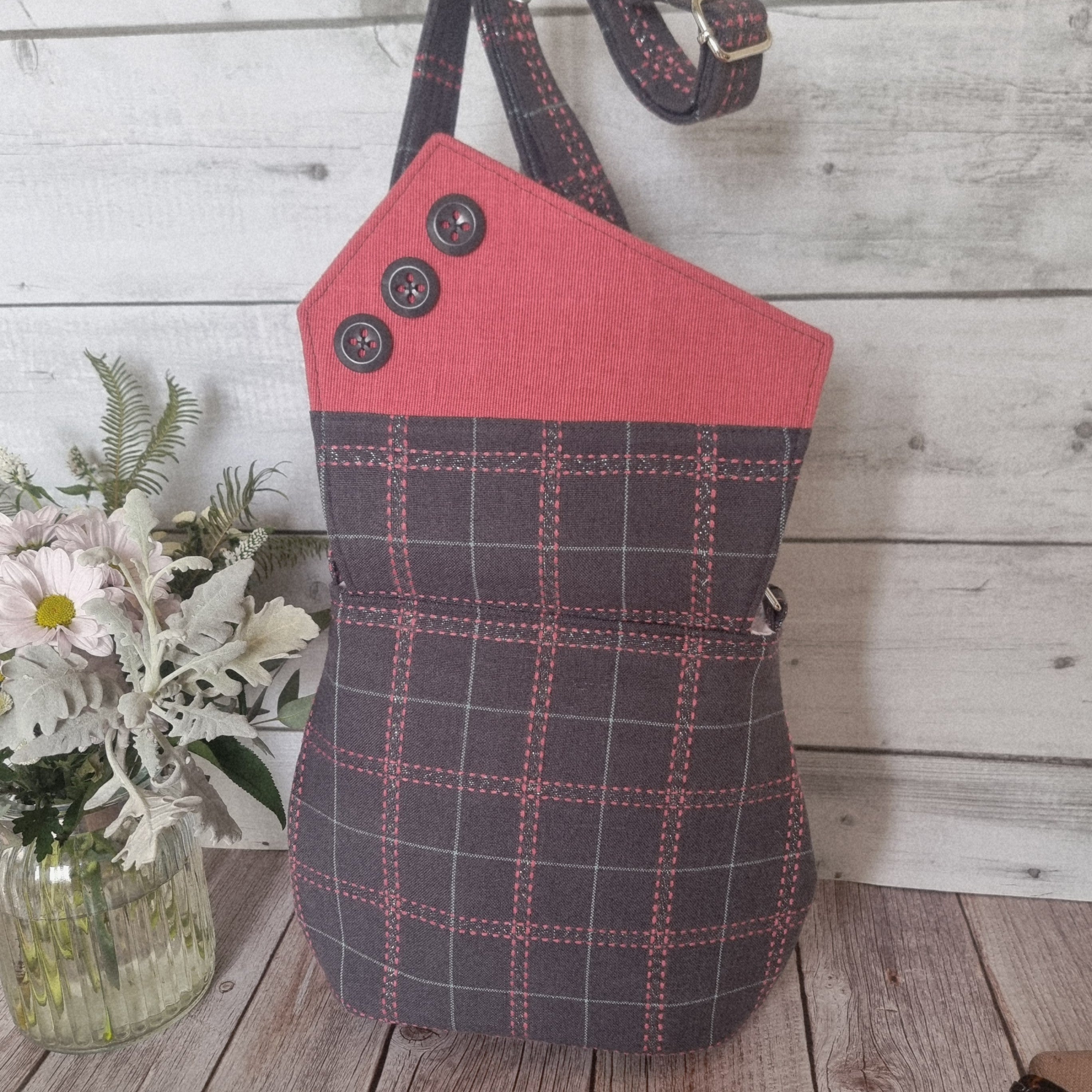 Upcycled assymetrical vintage style barrel bag - dusty grey brown & pink