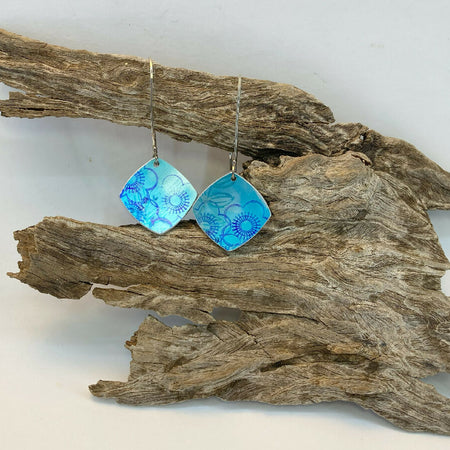 Hand printed anodised aqua blue aluminium earrings