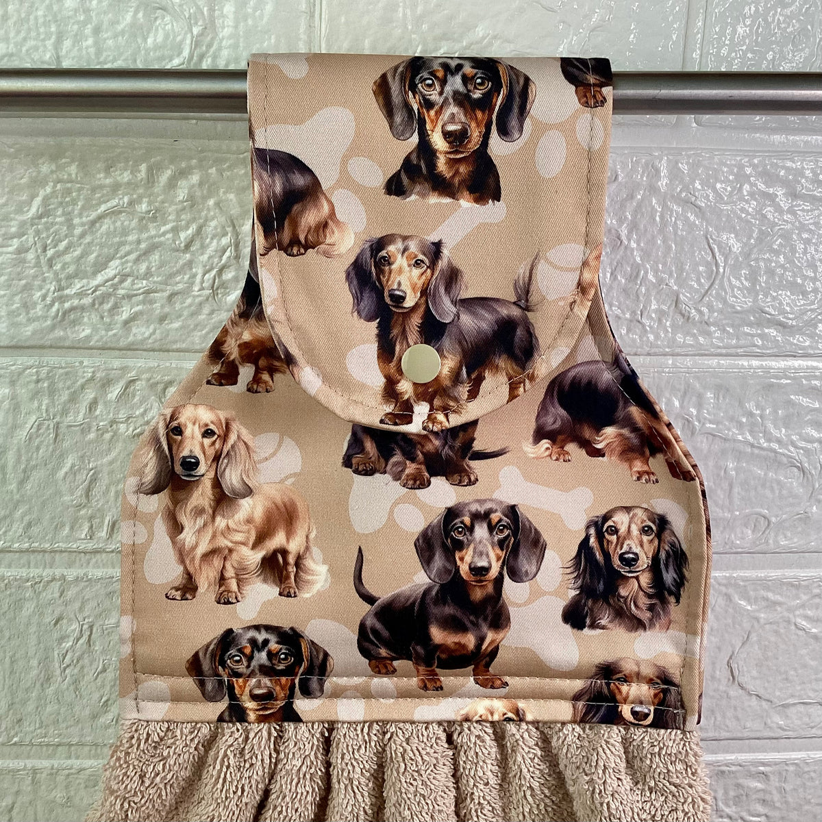 Dachshund dogs (light tan) hanging hand towel.