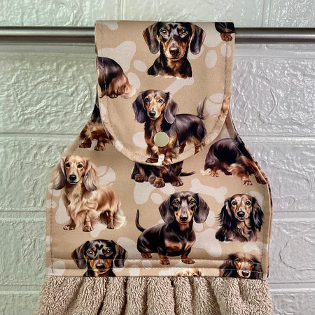 Dachshund dogs (light tan) hanging hand towel.