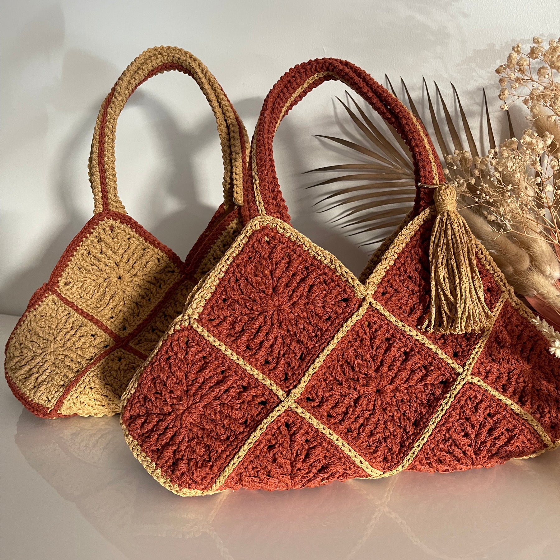 Handmade Crochet Cotton Shoulder Bag With Lining And Tassel