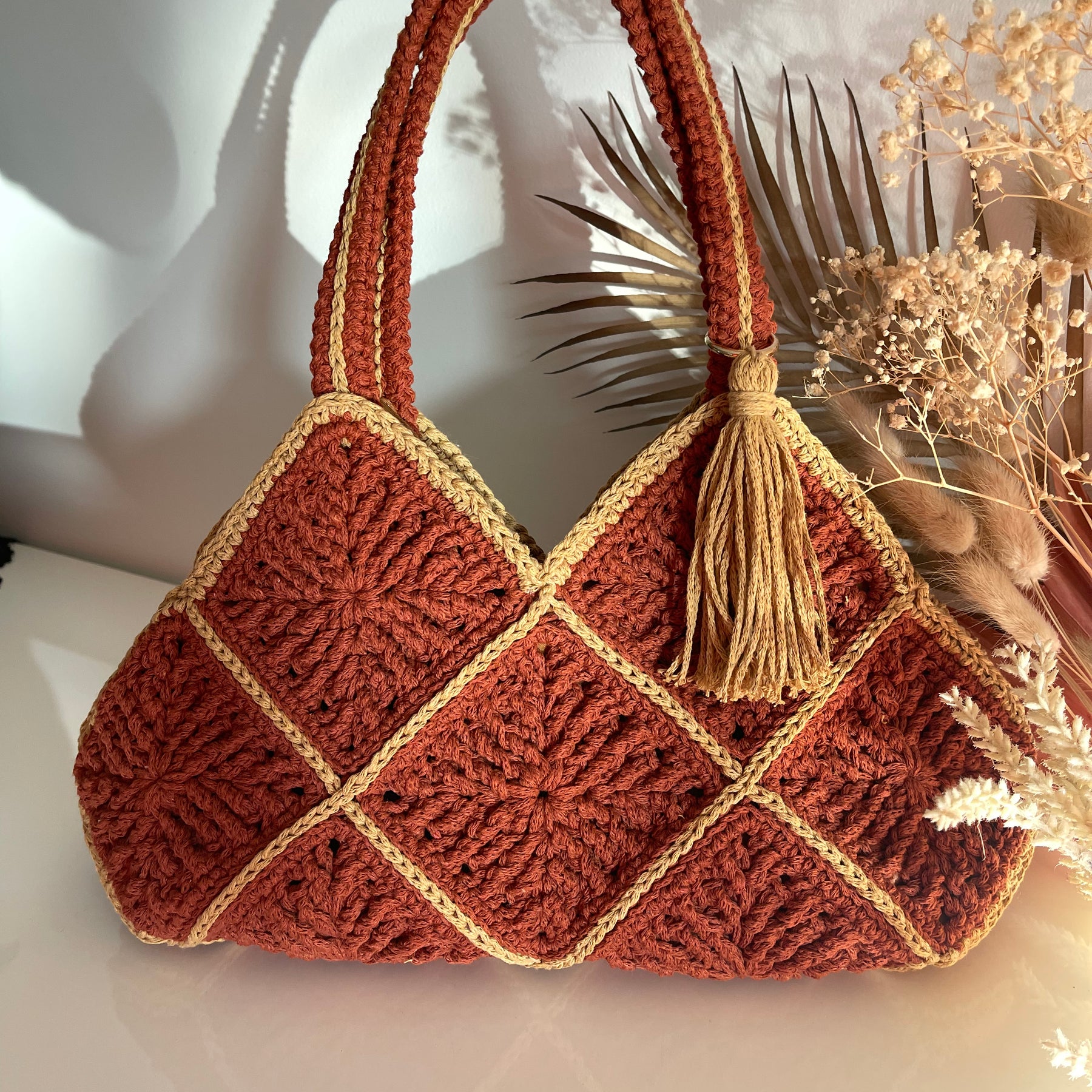 Handmade Crochet Cotton Shoulder Bag With Lining And Tassel