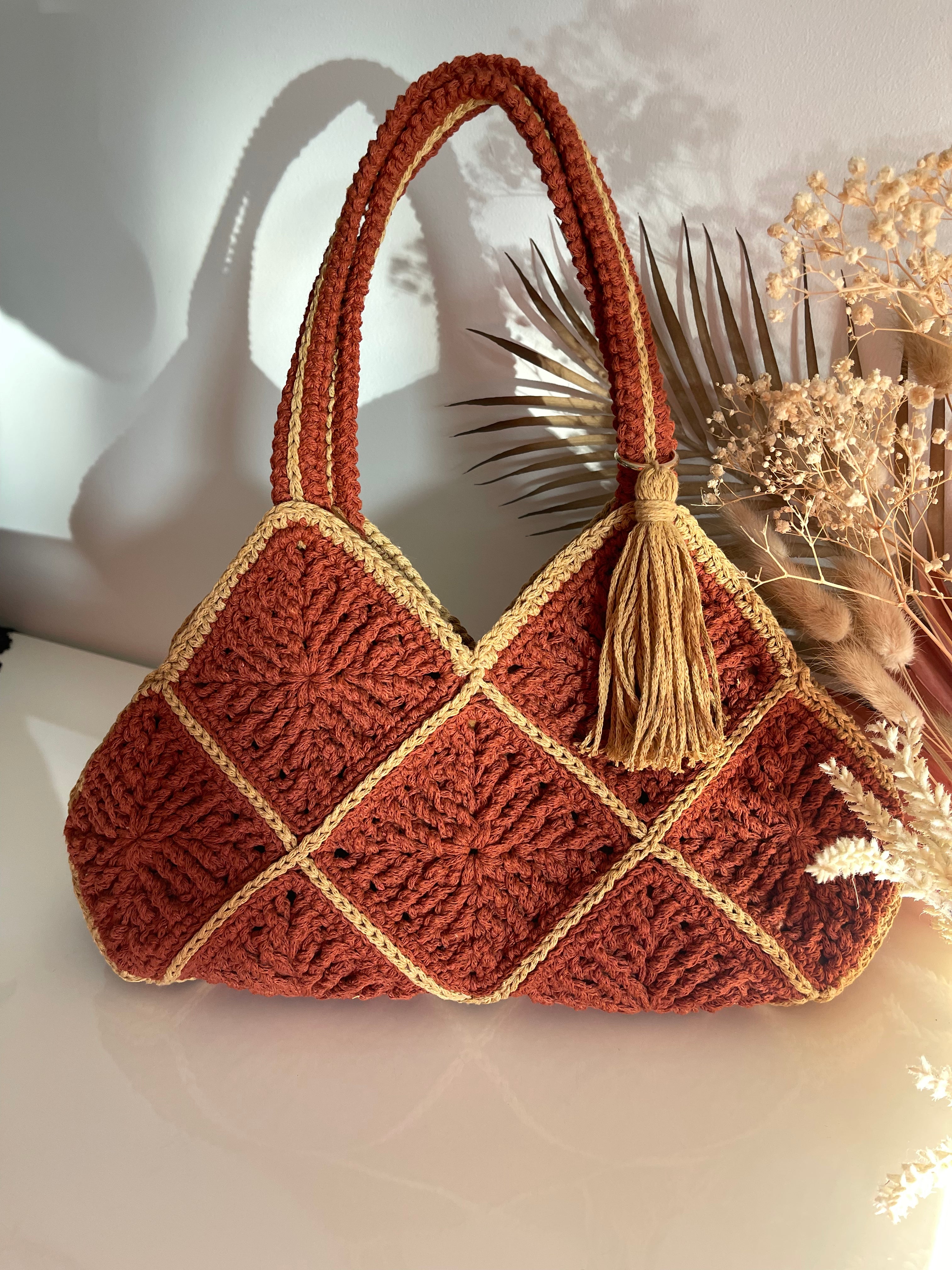 Handmade Crochet Cotton Shoulder Bag With Lining And Tassel