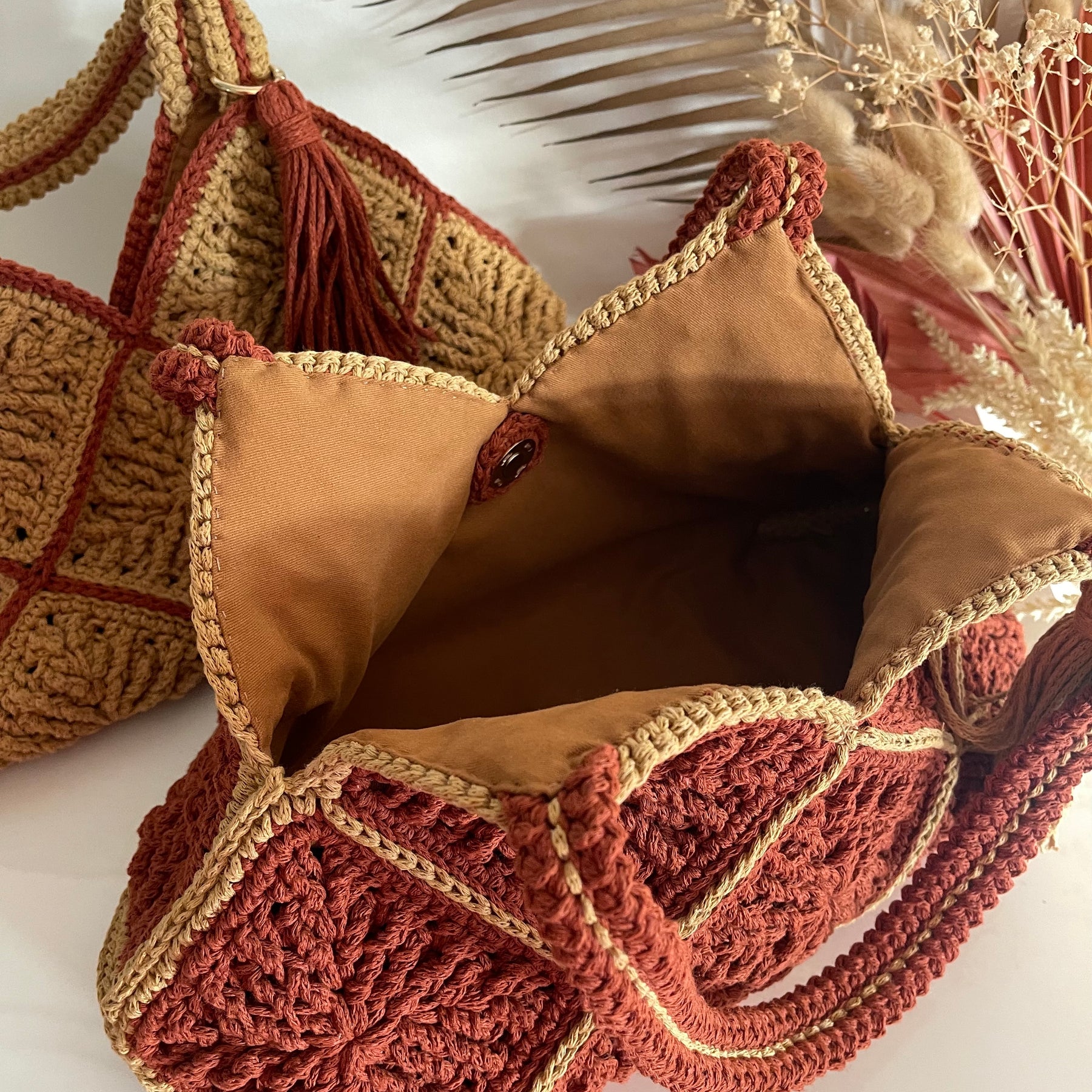 Handmade Crochet Cotton Shoulder Bag With Lining And Tassel