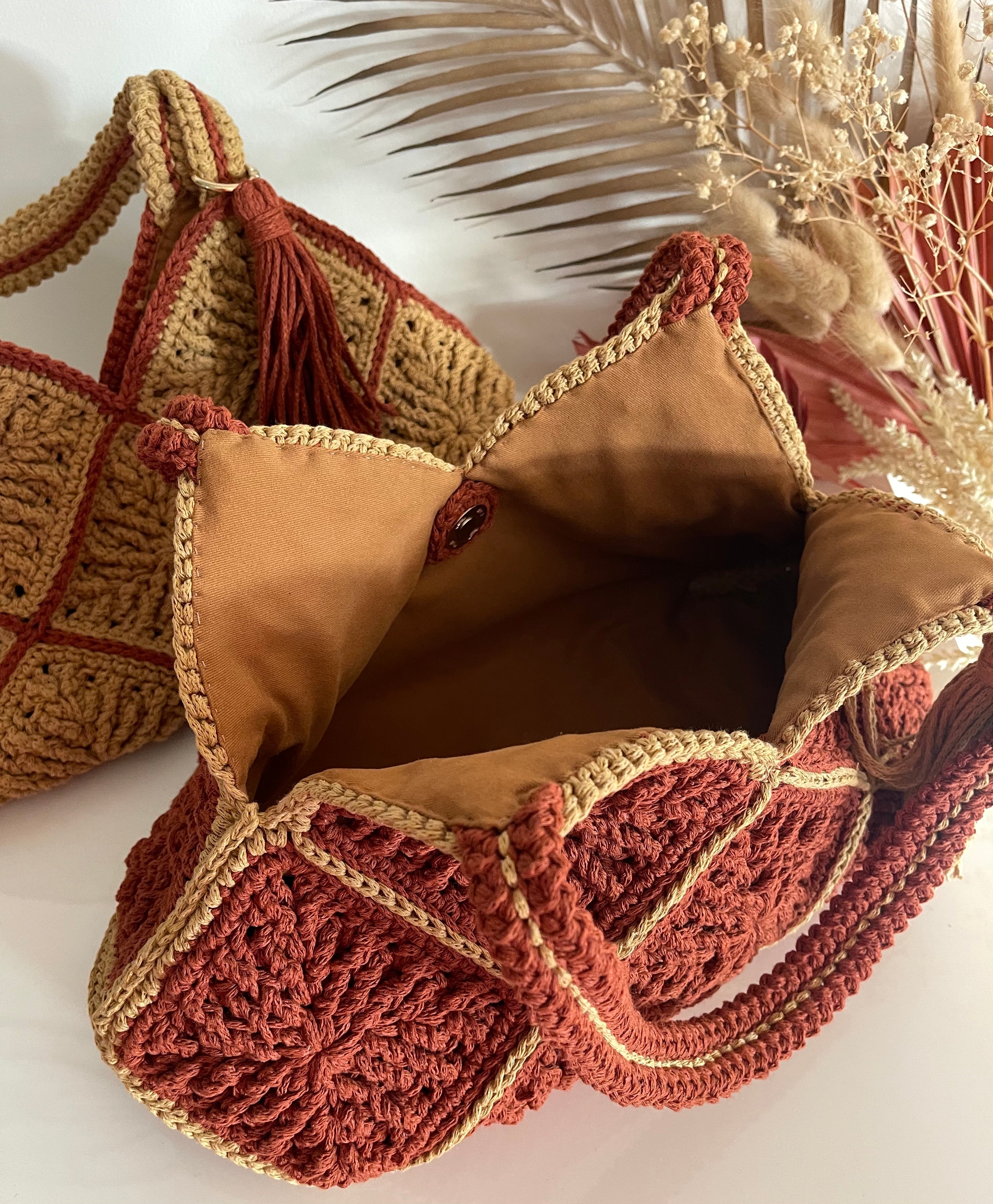 Handmade Crochet Cotton Shoulder Bag With Lining And Tassel
