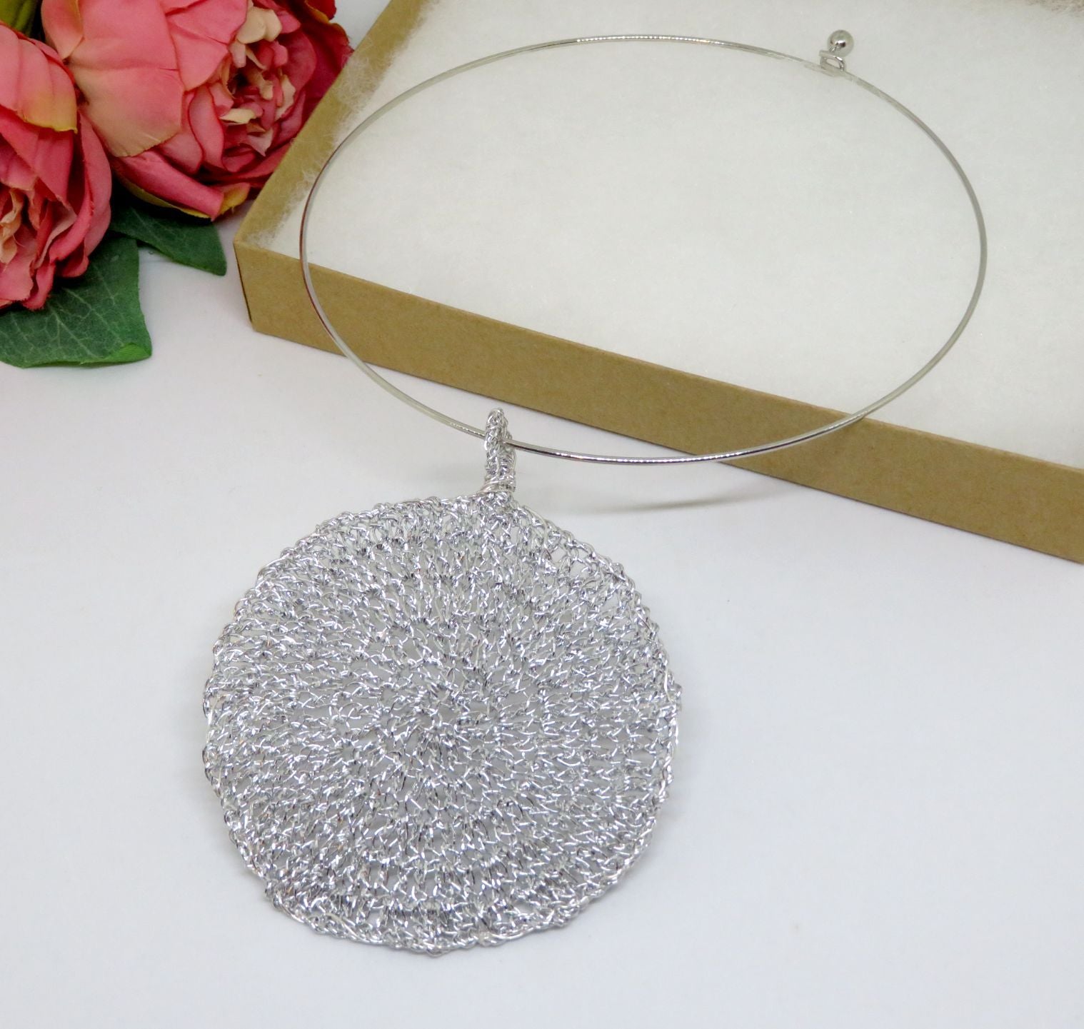 Bespoke Handmade Silver Shimmer Crochet Pendant Round Choker Necklace