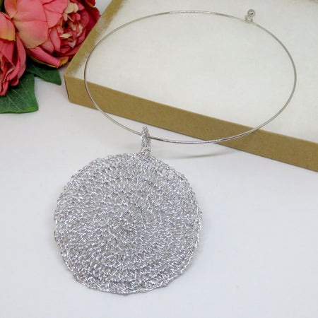 Bespoke Handmade Silver Shimmer Crochet Pendant Round Choker Necklace