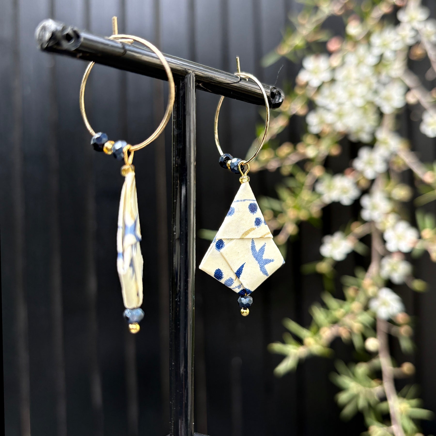 Origami Hoop Earrings – Blue and Gold Autumn Leaves on Japanese paper