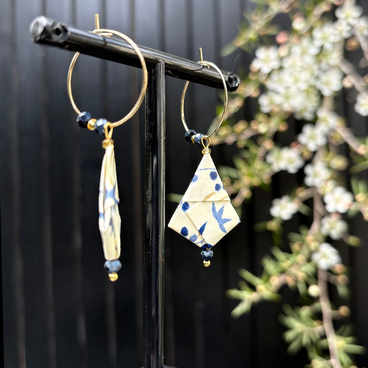 Origami Hoop Earrings – Blue and Gold Autumn Leaves on Japanese paper
