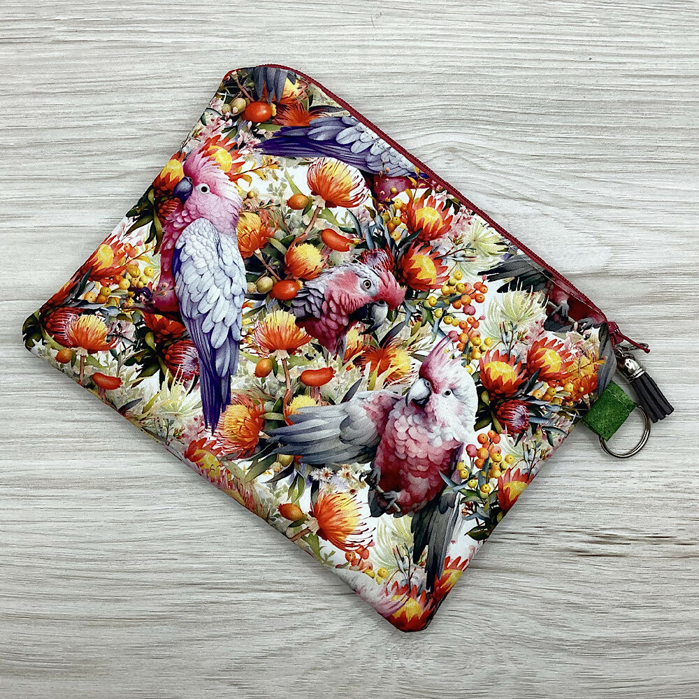 Galahs Zip Pouch (21cm x 16cm) Fully lined, lightly padded