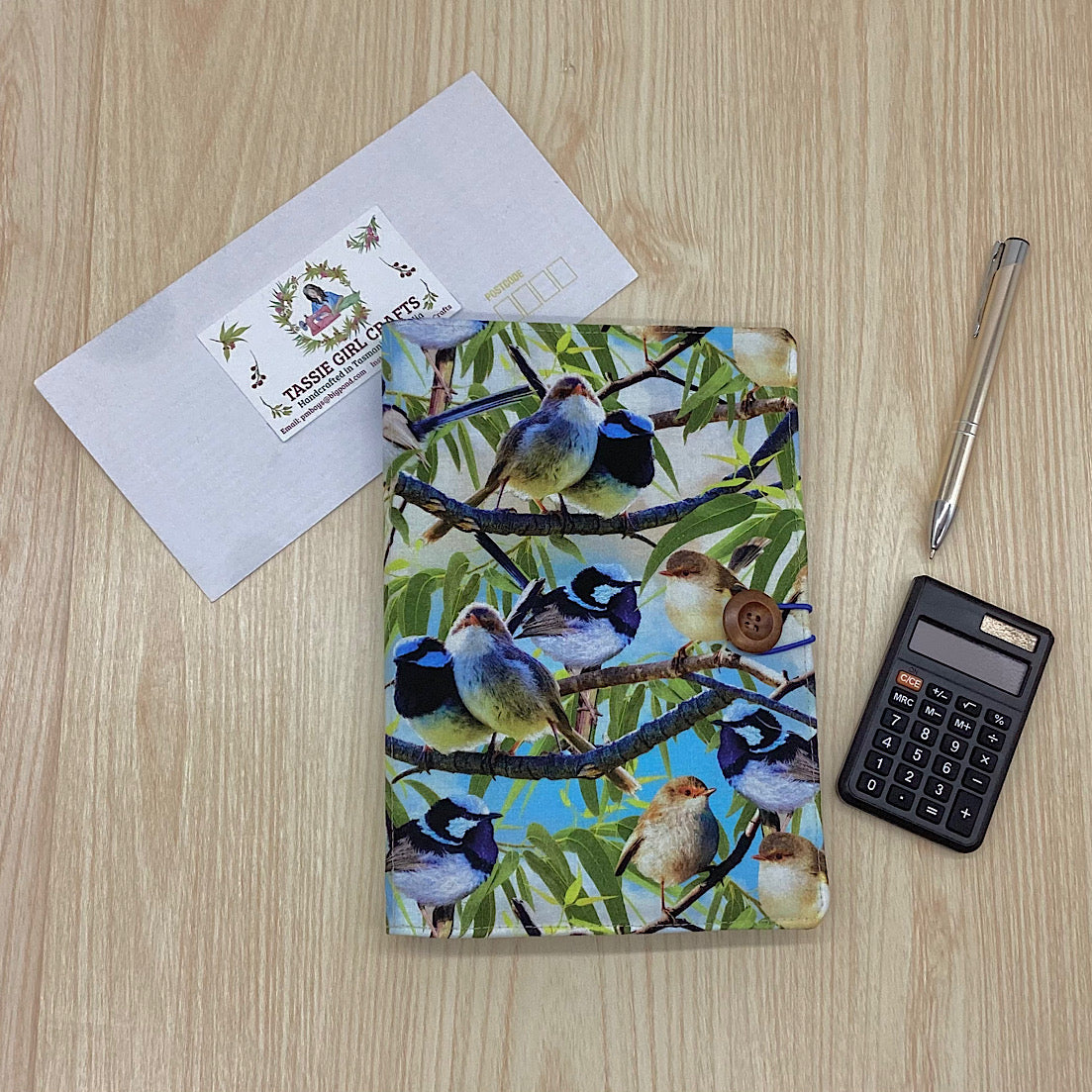 Blue Fairy Wren refillable A5 fabric notebook cover gift set - Incl. book and pen.