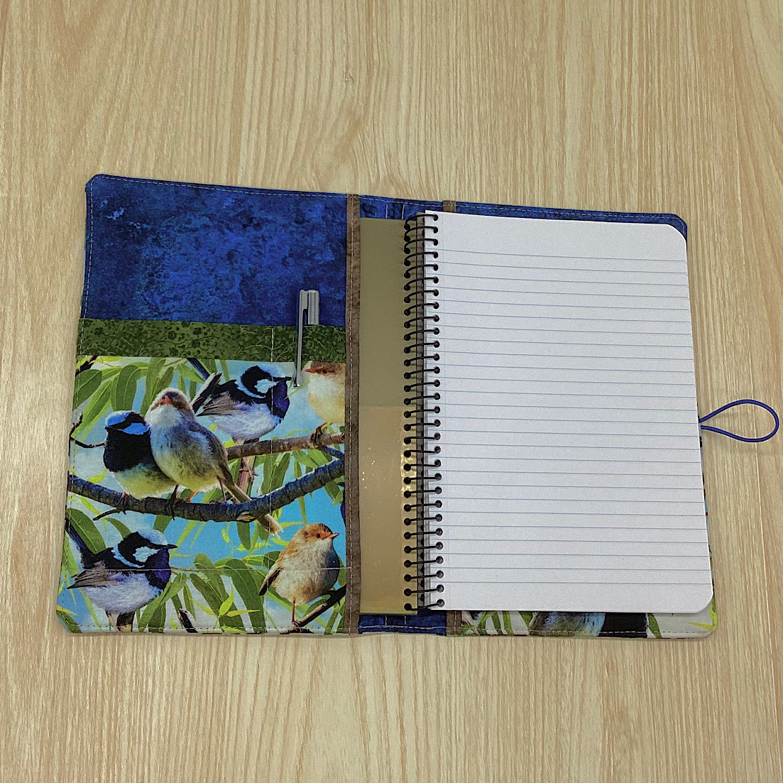 Blue Fairy Wren refillable A5 fabric notebook cover gift set - Incl. book and pen.