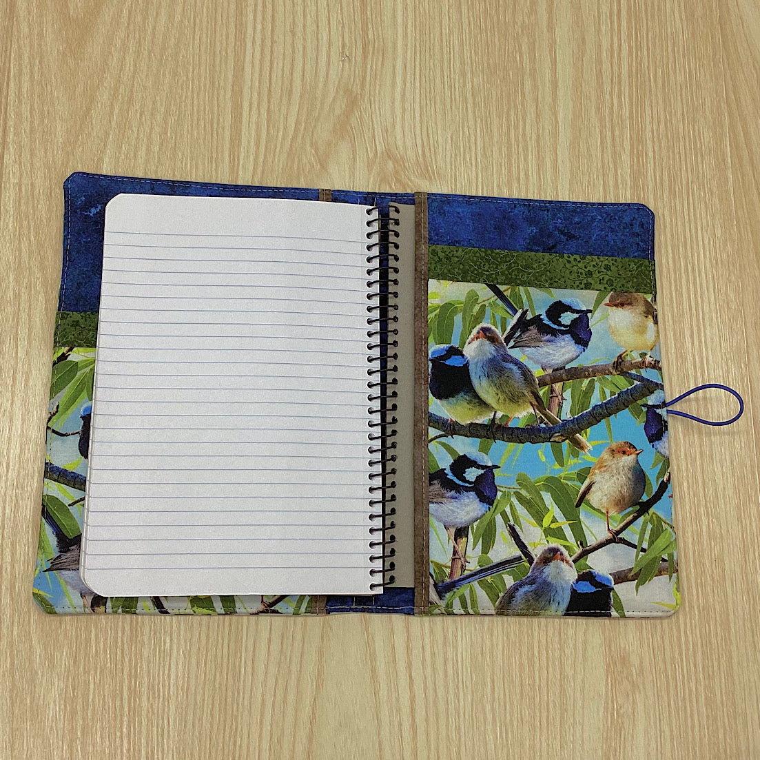 Blue Fairy Wren refillable A5 fabric notebook cover gift set - Incl. book and pen.
