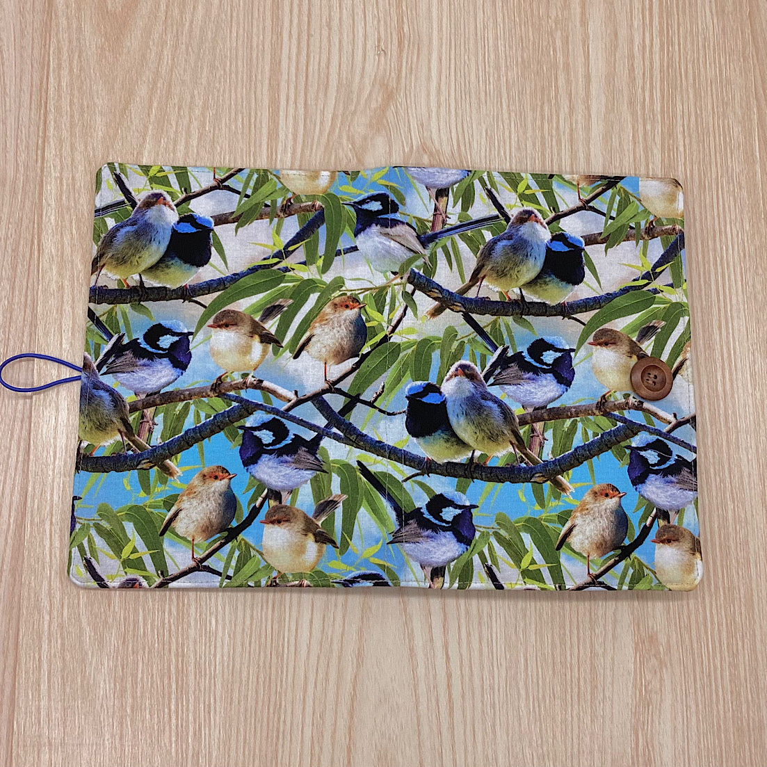 Blue Fairy Wren refillable A5 fabric notebook cover gift set - Incl. book and pen.