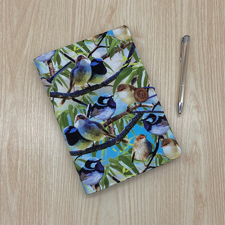 Blue Fairy Wren refillable A5 fabric notebook cover gift set - Incl. book and pen.