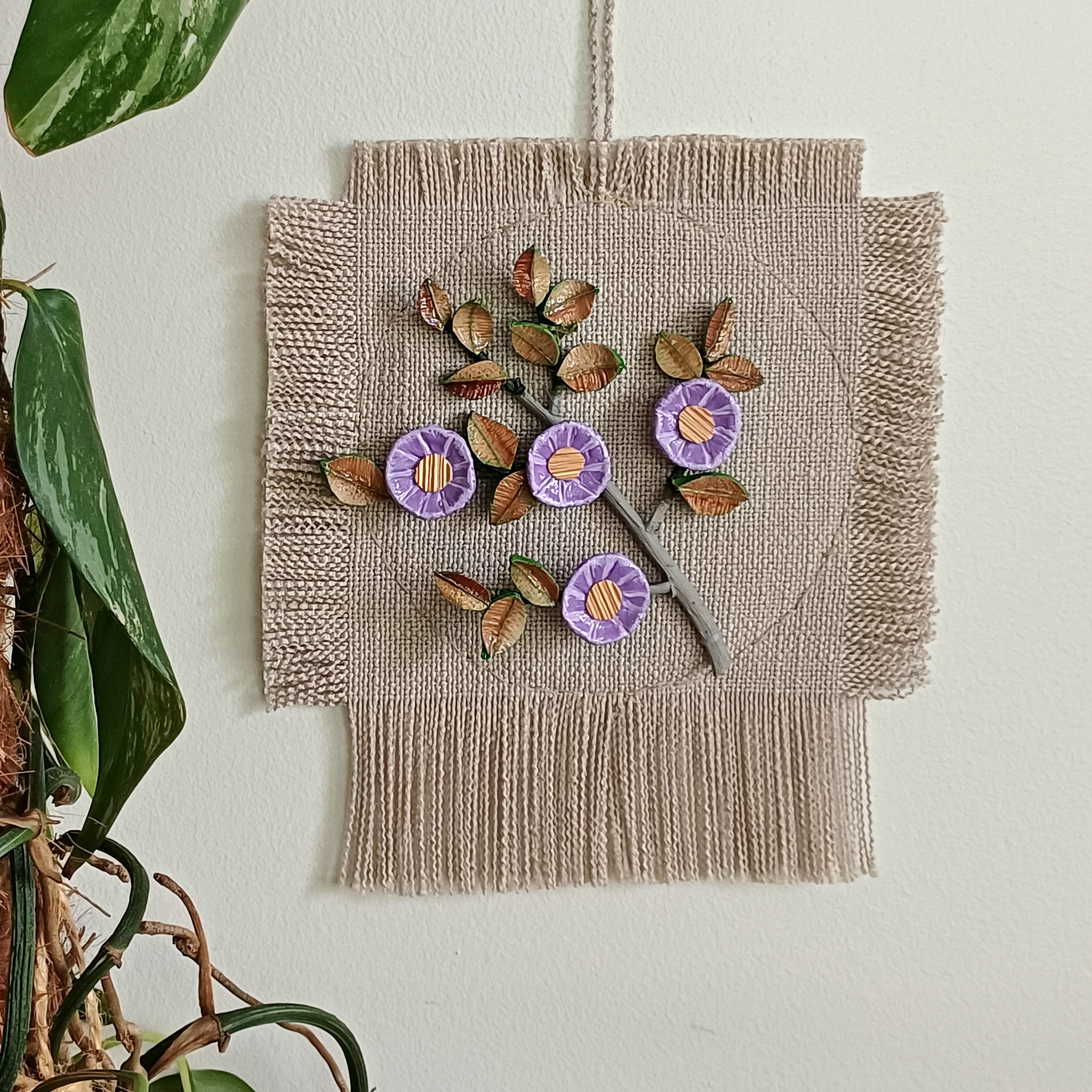 Flower Branch Wall art purple natural clay palm leaf handmade