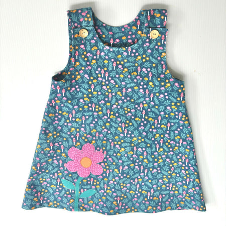 Girls Teal Flower Applique Cord Pinafore