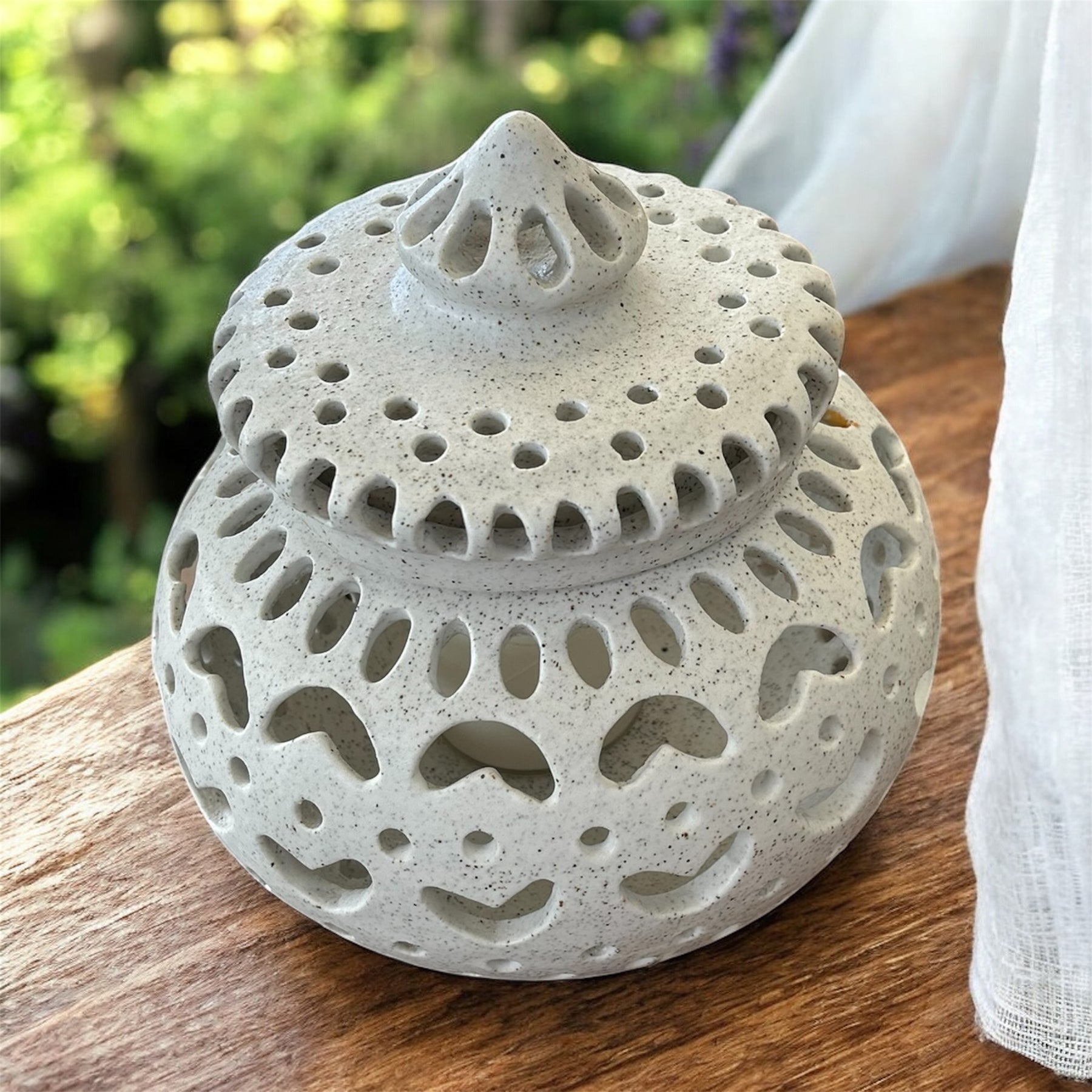 Ceramic lantern, individually carved with removable lid for candle