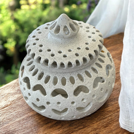 Ceramic lantern, individually carved with removable lid for candle