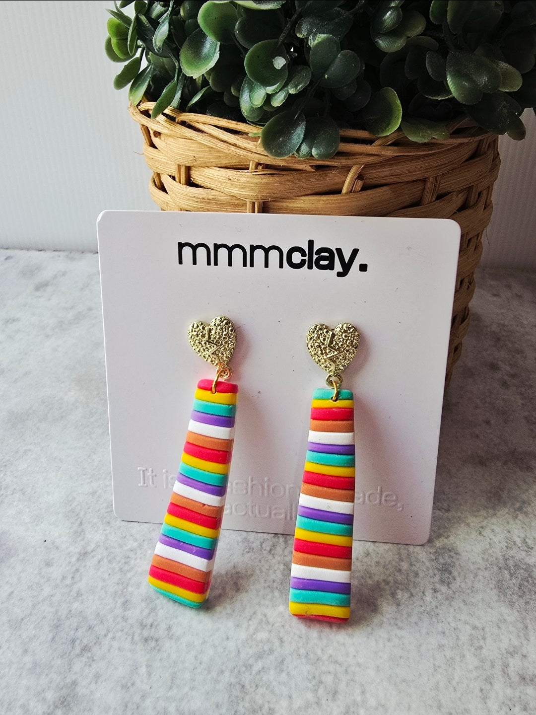 Rainbow Striped Heart Drop Earrings | Handmade Polymer Clay