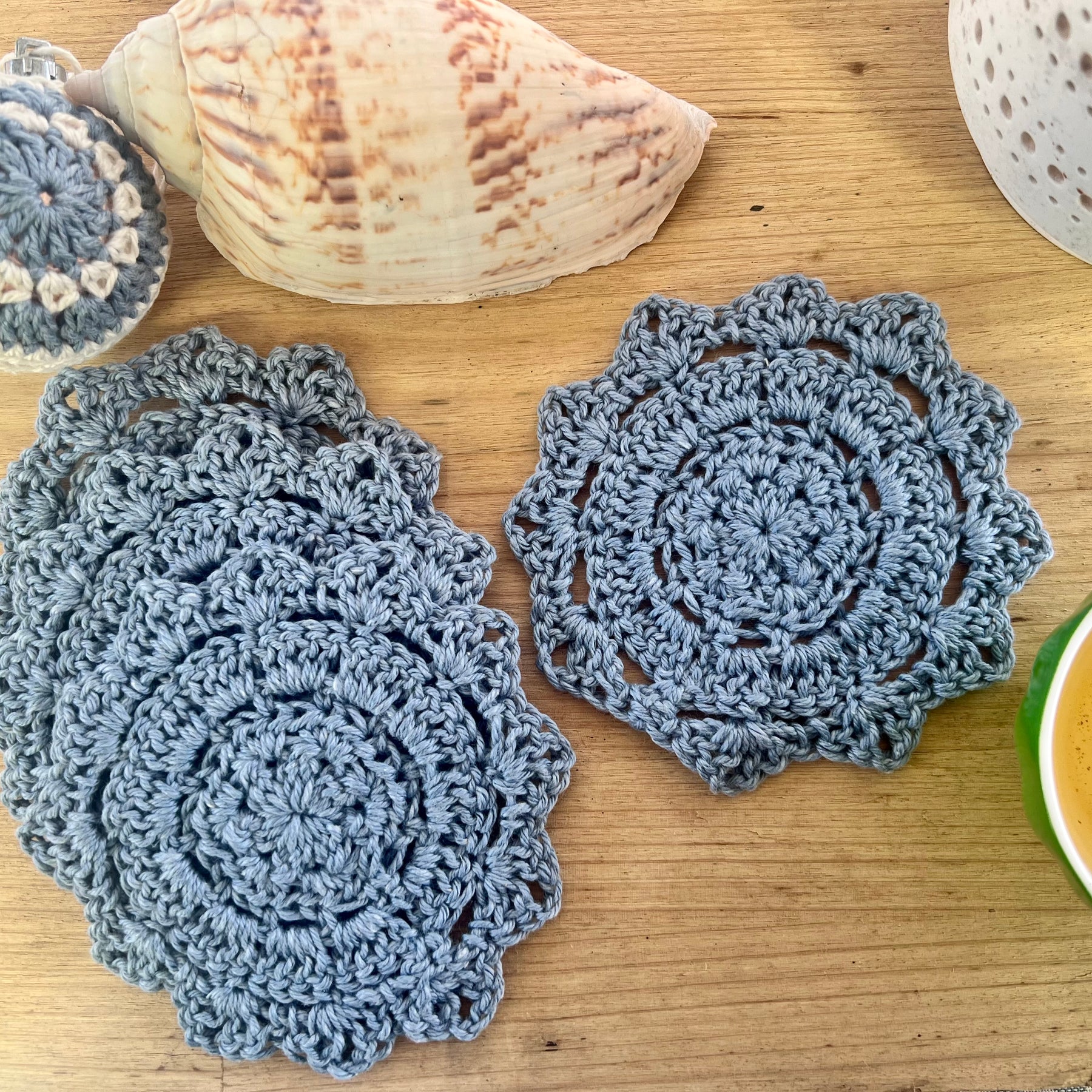 Crochet Coasters Set of 4, Cotton Mandala Coasters, Coastal Boho Home Decor